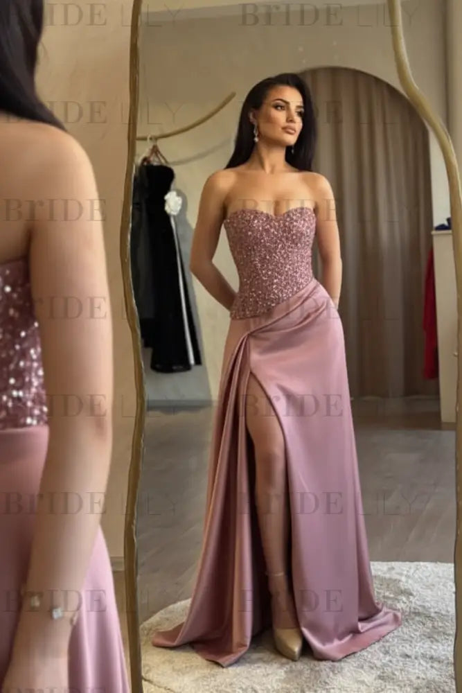 Strapless Royal Blue Sequins Sheath Long Prom Dress Ruffle Satin Side Split Dress