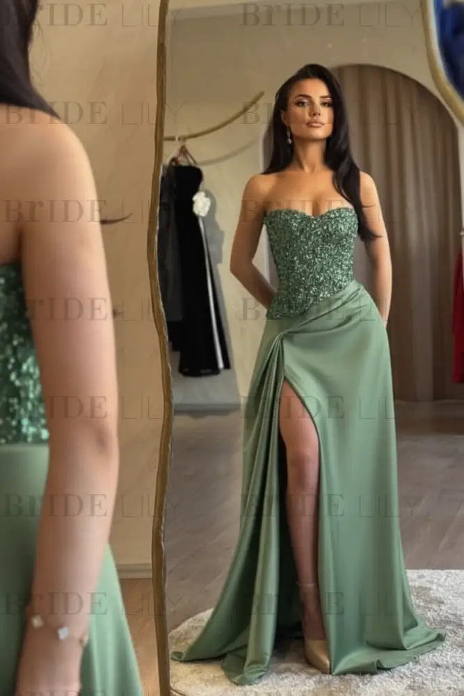Strapless Royal Blue Sequins Sheath Long Prom Dress Ruffle Satin Side Split Dress