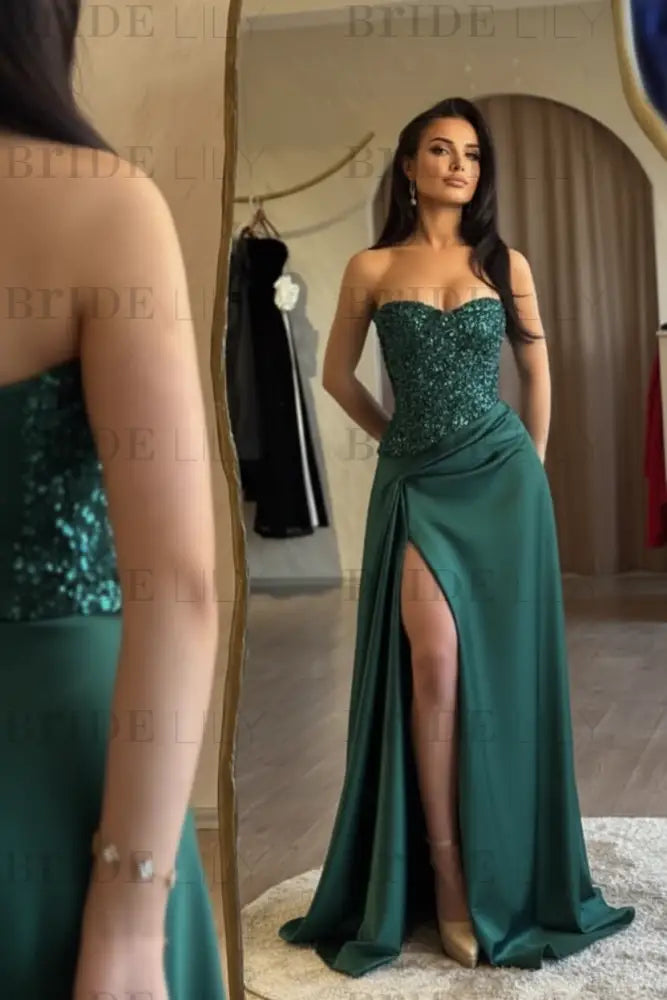 Strapless Royal Blue Sequins Sheath Long Prom Dress Ruffle Satin Side Split Dress