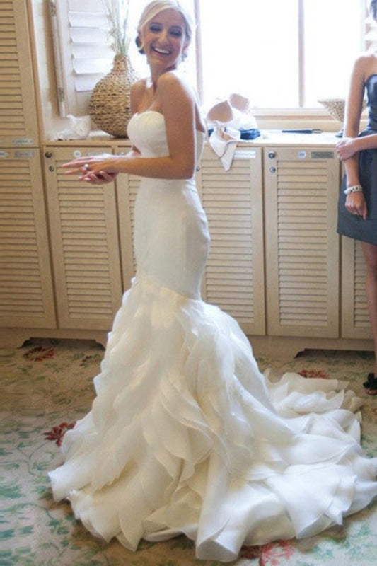 Strapless Mermaid Sweetheart Organza Satin Wedding Dress with Ruffles