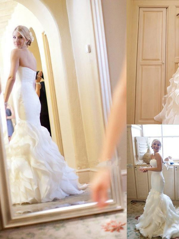Strapless Mermaid Sweetheart Organza Satin Wedding Dress with Ruffles