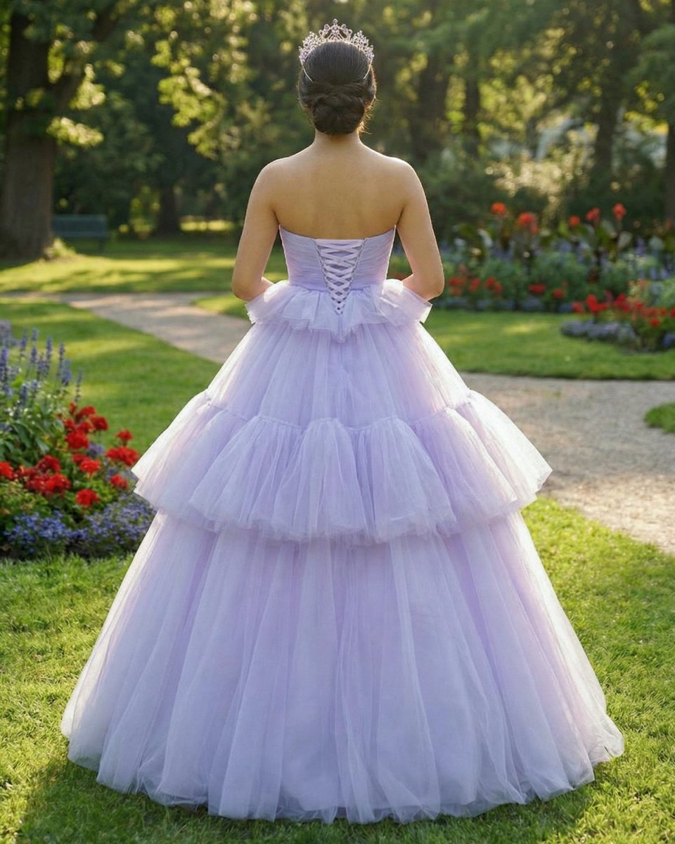 Strapless Pleated Tulle  Floor Length Tiered A Line Prom Dress