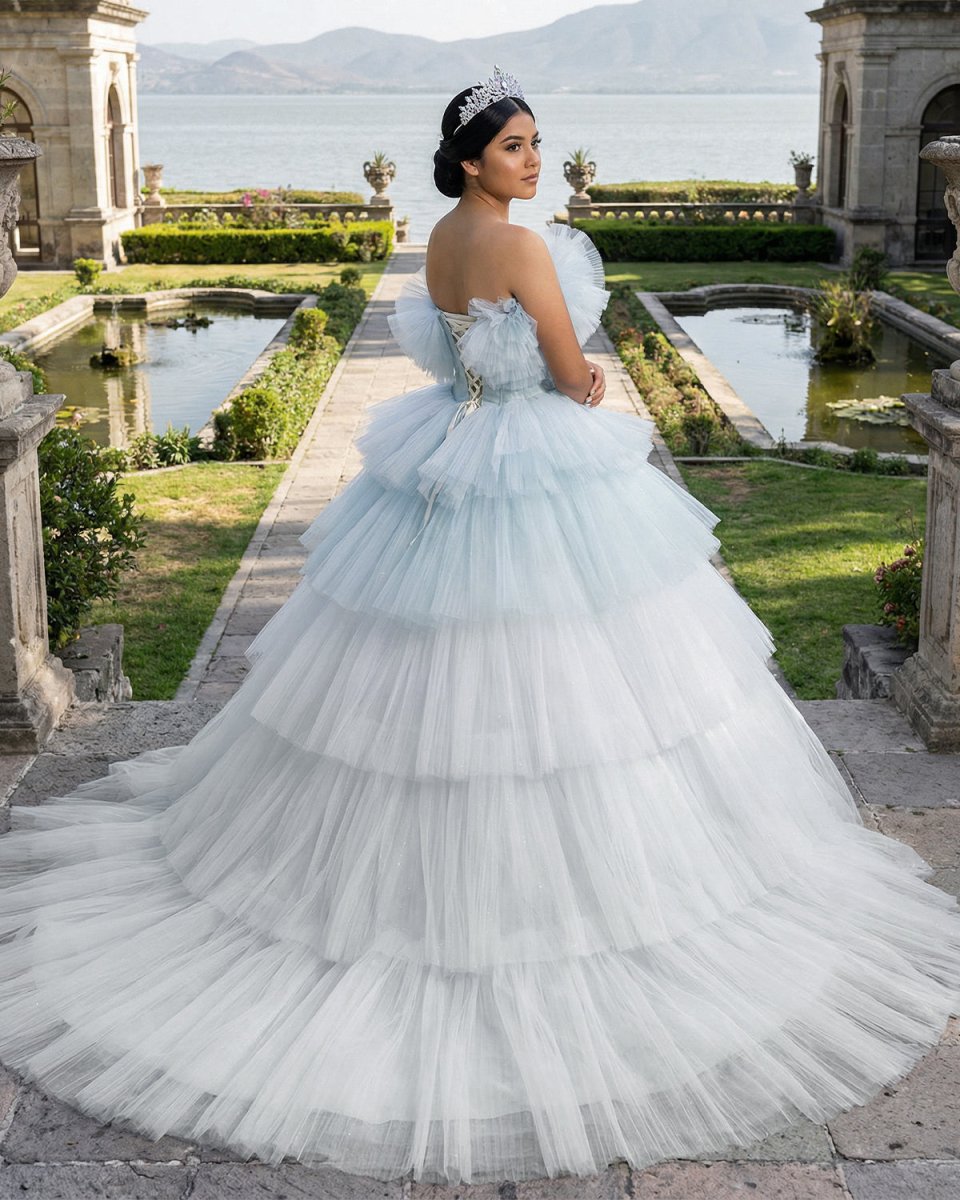 Strapless Quinceanera Dress White Ruffles Ball Gown Evening Dress