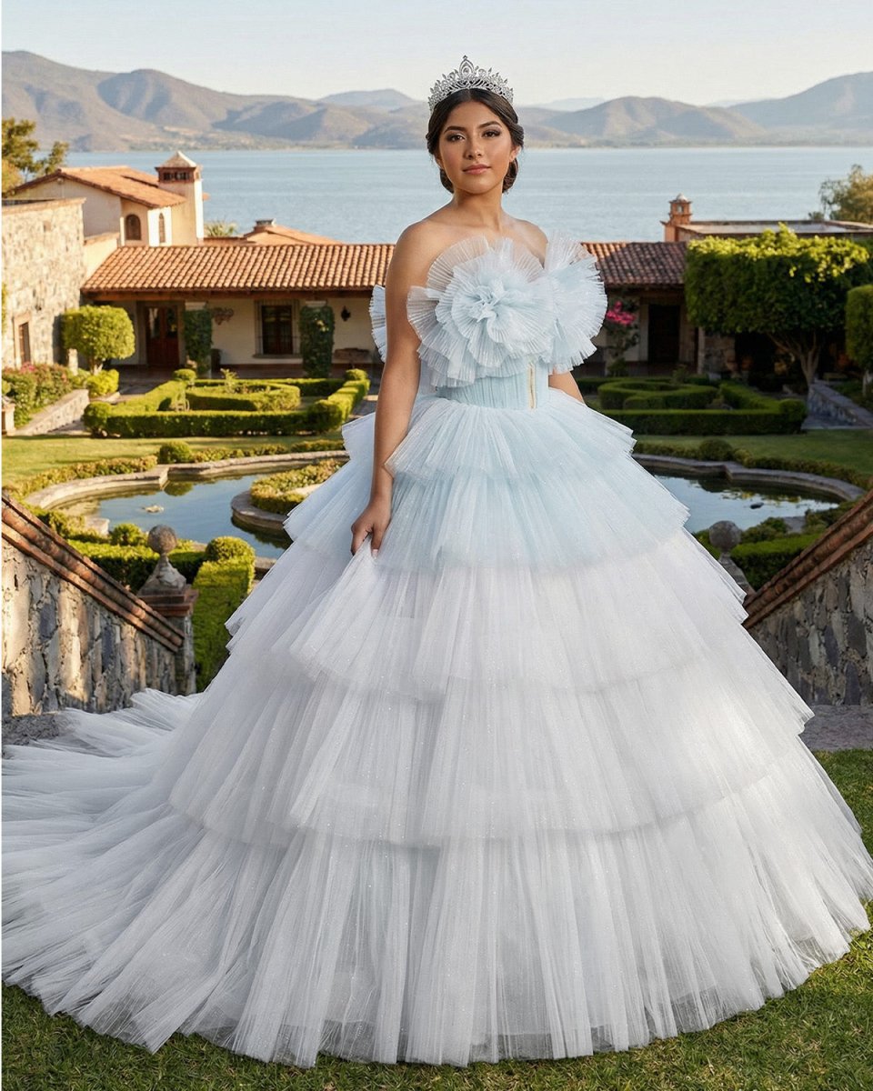Strapless Quinceanera Dress White Ruffles Ball Gown Evening Dress