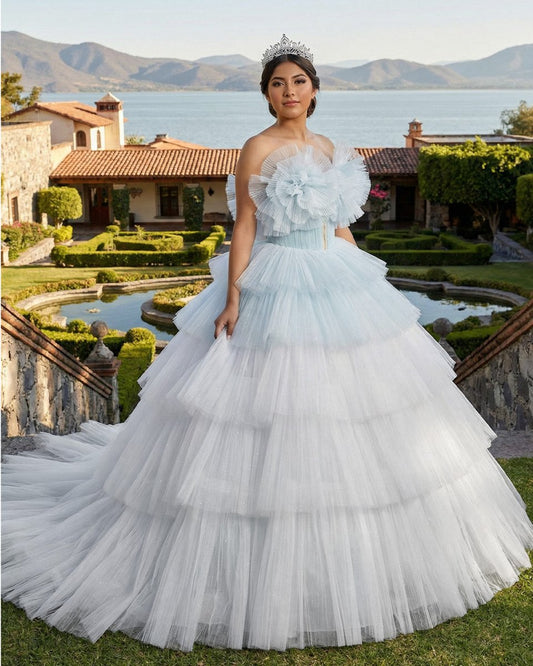 Strapless Quinceanera Dress White Ruffles Ball Gown Evening Dress