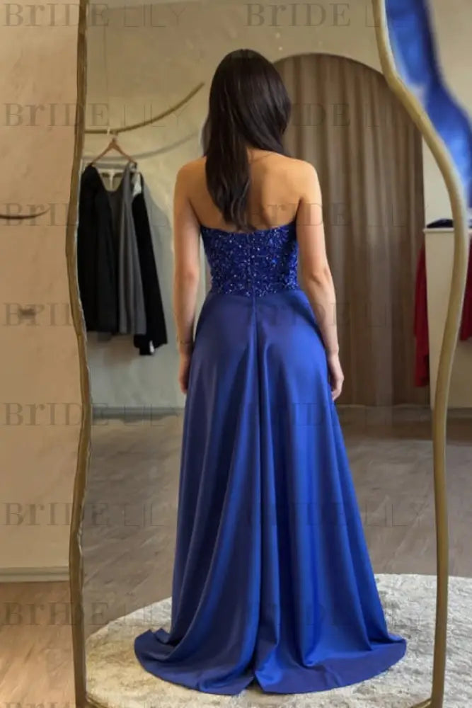 Strapless Royal Blue Sequins Sheath Long Prom Dress Ruffle Satin Side Split Dress