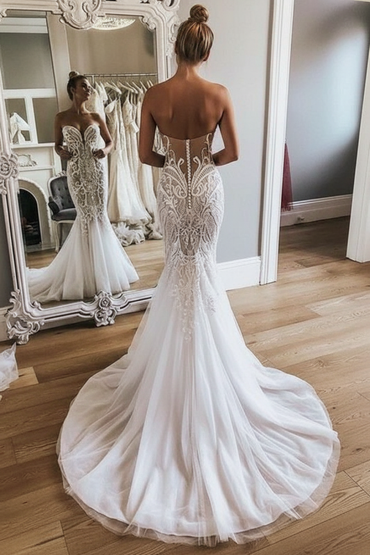 Strapless Tulle Mermaid Wedding Dress | Long Train Bridal Gown with Appliques