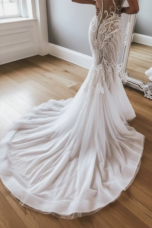 Strapless Tulle Mermaid Wedding Dress | Long Train Bridal Gown with Appliques