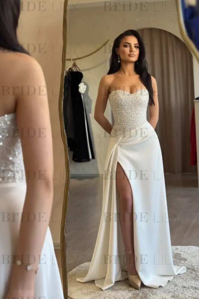 Strapless Royal Blue Sequins Sheath Long Prom Dress Ruffle Satin Side Split Dress