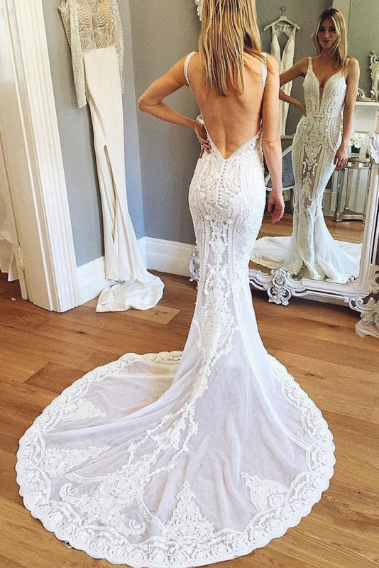 Straps Mermaid Deep V-neck Sleeveless Backless Tulle Beach Wedding Dress