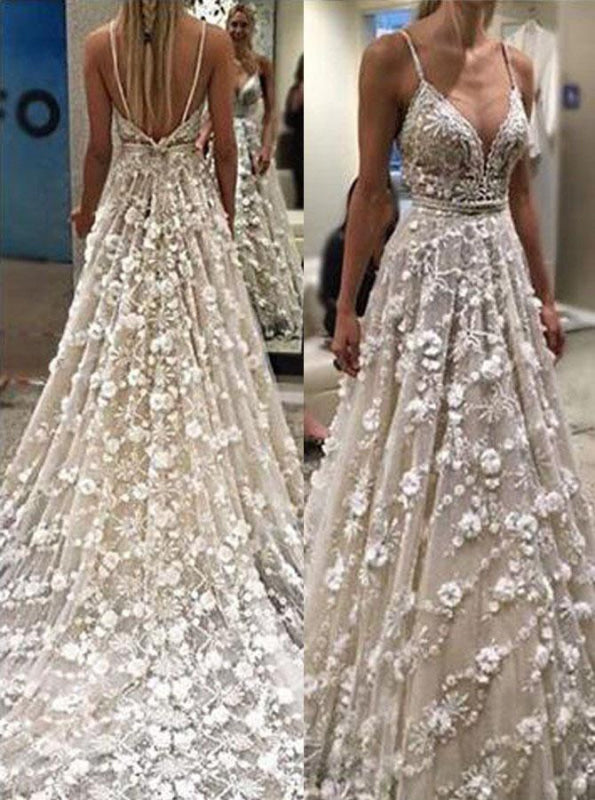Stunning Deep V Neck Spaghetti Straps Lace Backless Court Train Wedding Dress