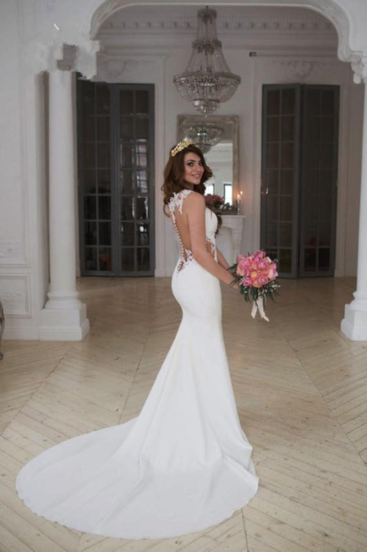 Stunning Pretty Mermaid Sleeveless Lace Appliques Wedding Dress BC9822