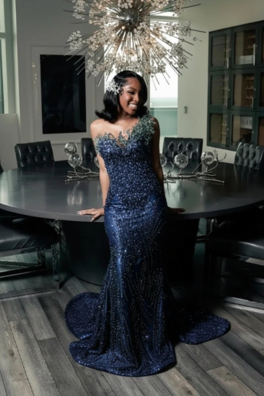 Stunning Strapless Sequins Prom Dress Dark Green with Beadings
