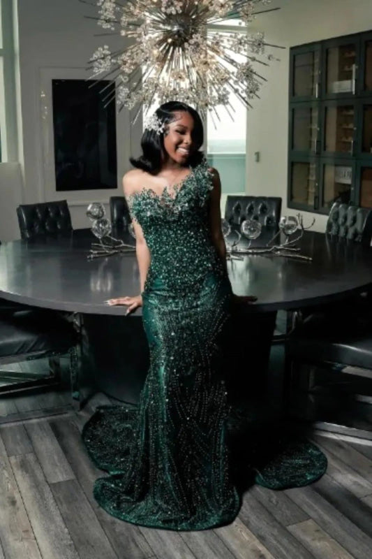 Stunning Strapless Sequins Prom Dress Dark Green with Beadings