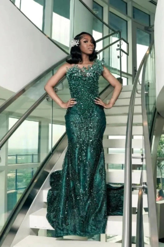 Stunning Strapless Sequins Prom Dress Dark Green with Beadings