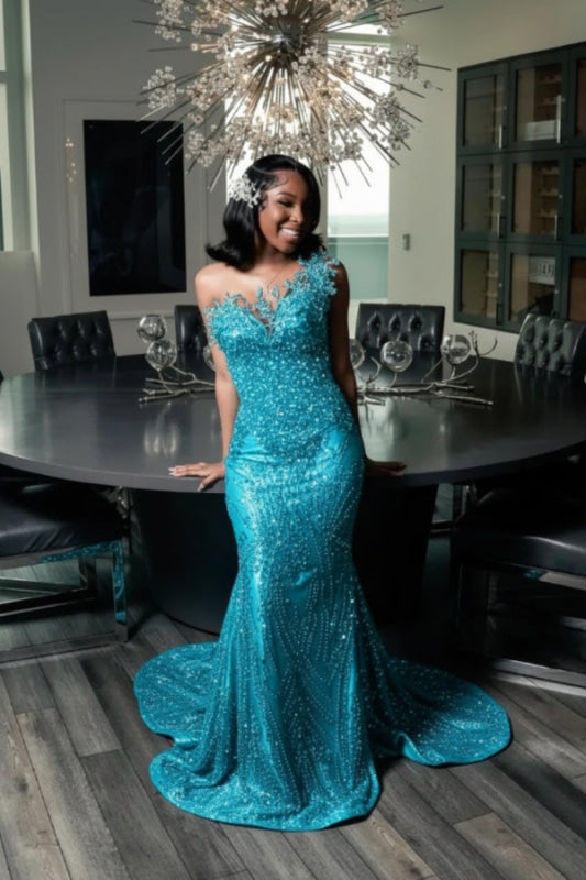 Stunning Strapless Sequins Prom Dress Dark Green with Beadings