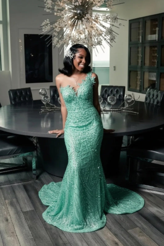 Stunning Strapless Sequins Prom Dress Dark Green with Beadings