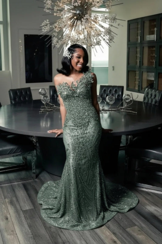 Stunning Strapless Sequins Prom Dress Dark Green with Beadings