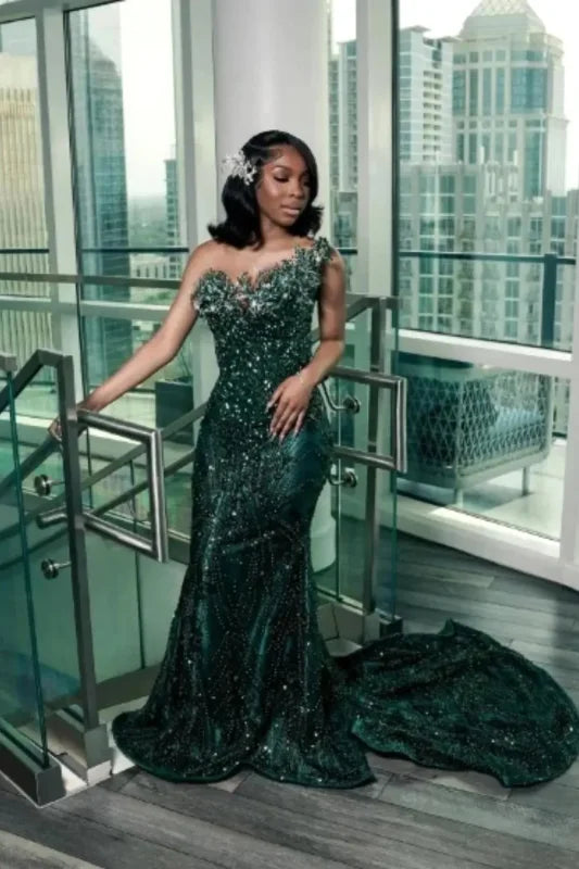 Stunning Strapless Sequins Prom Dress Dark Green with Beadings