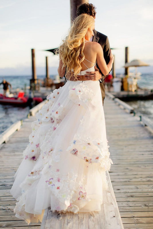 Stylish A-Line Two Piece Spaghetti Tulle Long Prom/Wedding dress with Flowers