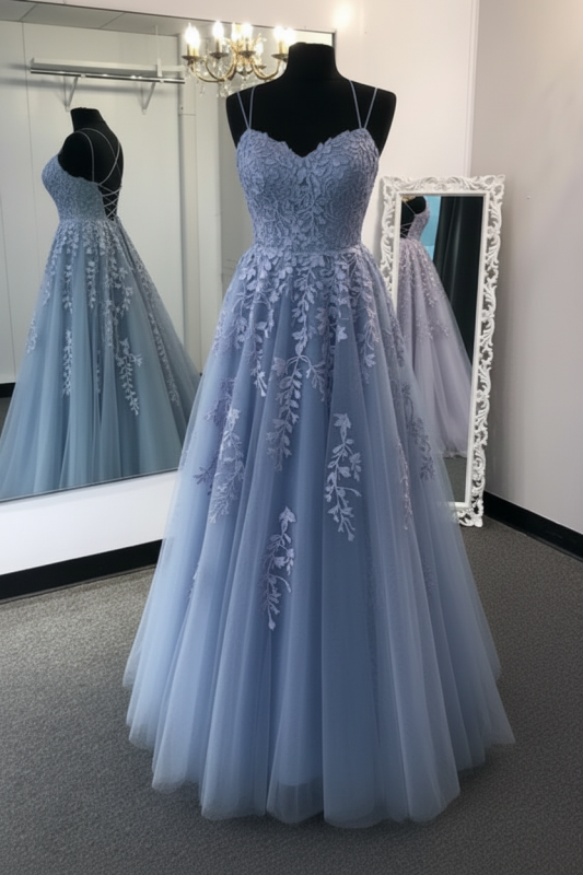 Stylish Backless Lavender Lace Long Prom Dresses Aline Evening Formal Dresses