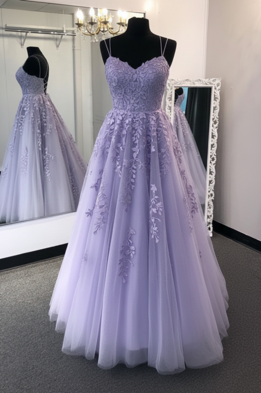 Stylish Backless Lavender Lace Long Prom Dresses Aline Evening Formal Dresses