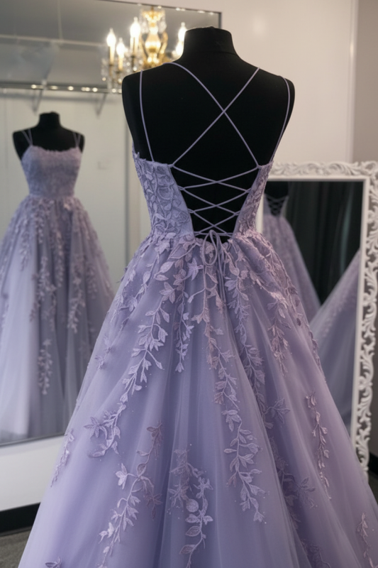 Stylish Backless Lavender Lace Long Prom Dresses Aline Evening Formal Dresses