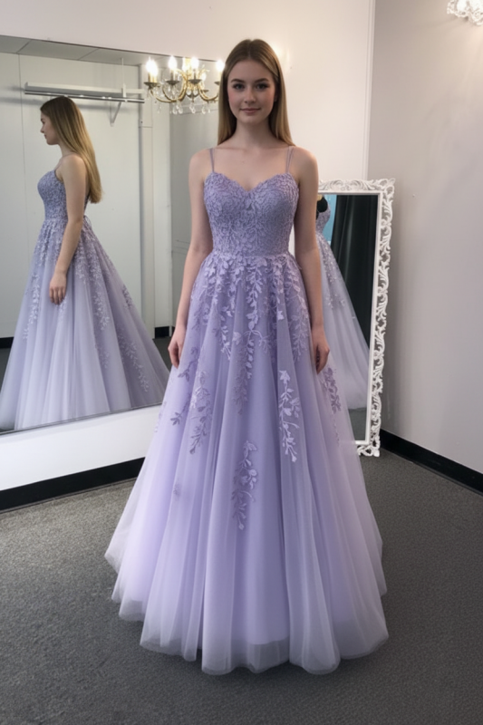 Stylish Backless Lavender Lace Long Prom Dresses Aline Evening Formal Dresses