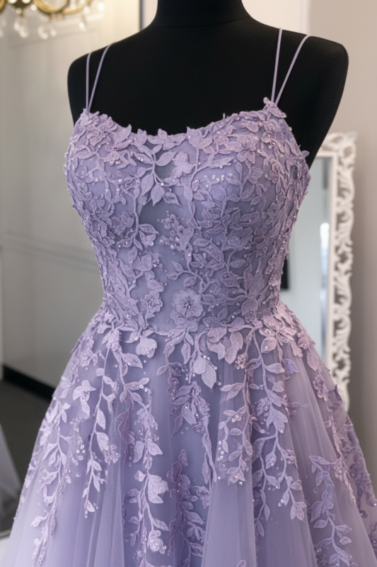 Stylish Backless Lavender Lace Long Prom Dresses Aline Evening Formal Dresses