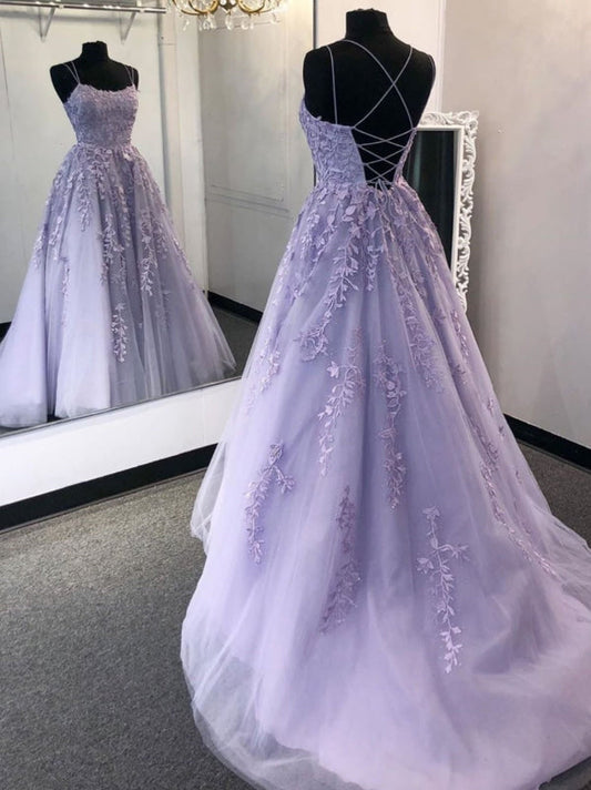 Stylish Backless Lavender Lace Long Prom Dresses Aline Evening Formal Dresses