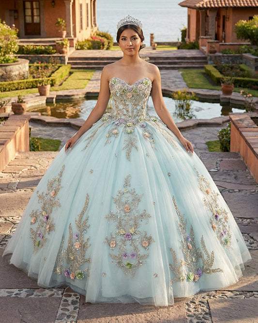 Sweetheart Ball Gown Tulle Sage Strapless Quinceanera Dress
