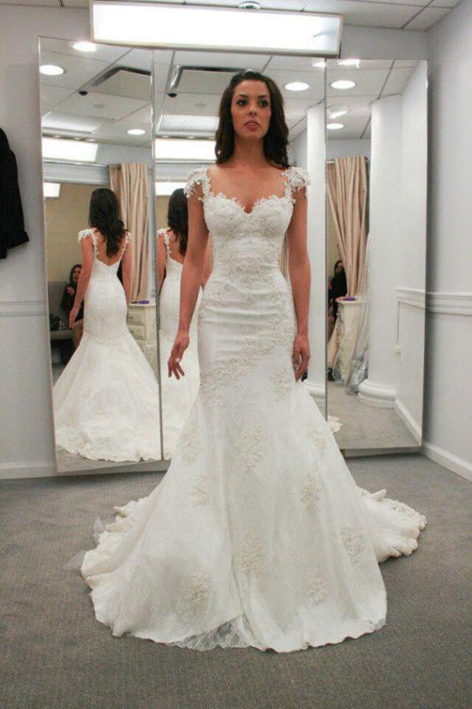 Sweetheart Cap Sleeves Backless Mermaid Gowns Beach Wedding Dress
