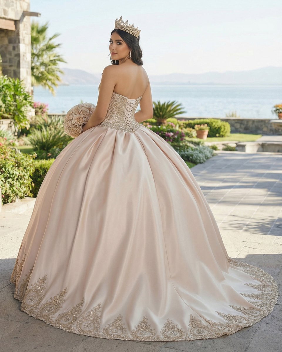 Sweetheart Embroidery Satin  Champagne Quinceanera Dresses Lace Ball Gowns