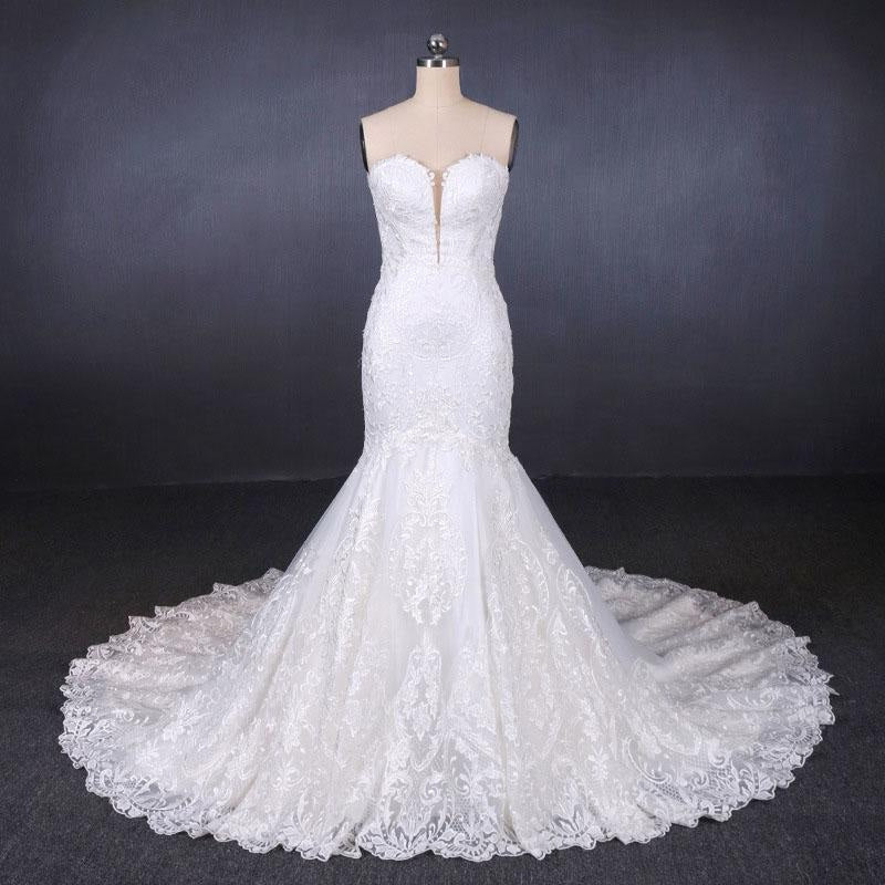 Sweetheart Long Strapless Mermaid Lace Wedding Dress