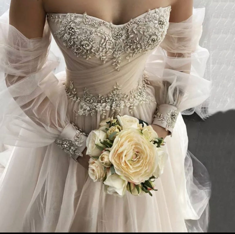 Sweetheart Romantic Lace A-Line Wedding Dress Long Sleeve with Crystal Tulle