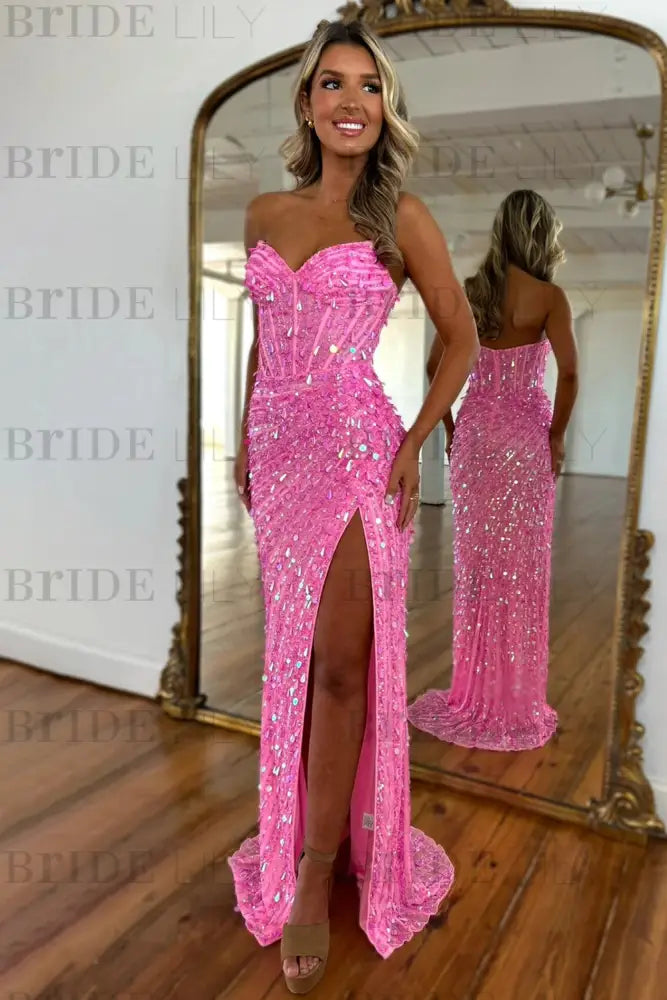Sweetheart Sequins Prom Dress Long with Side Split Strapless Mermaid Party Dress