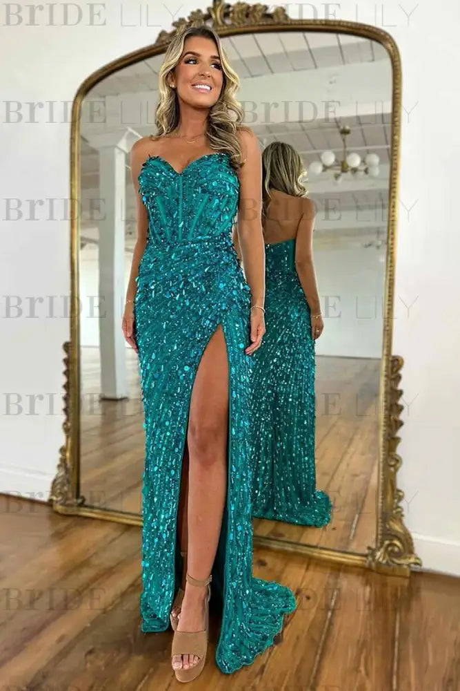 Sweetheart Sequins Prom Dress Long with Side Split Strapless Mermaid Party Dress