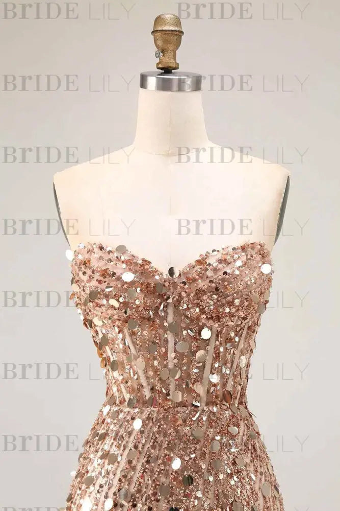 Sweetheart Sequins Prom Dress Long with Side Split Strapless Mermaid Party Dress