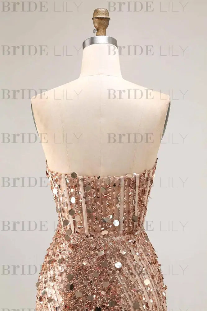Sweetheart Sequins Prom Dress Long with Side Split Strapless Mermaid Party Dress