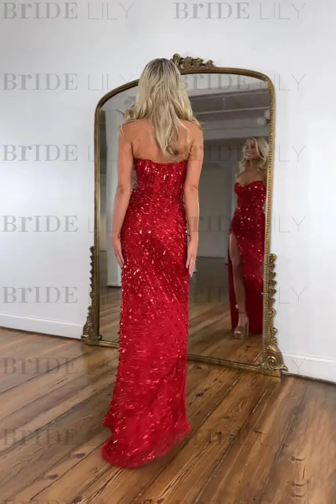 Sweetheart Sequins Prom Dress Long with Side Split Strapless Mermaid Party Dress