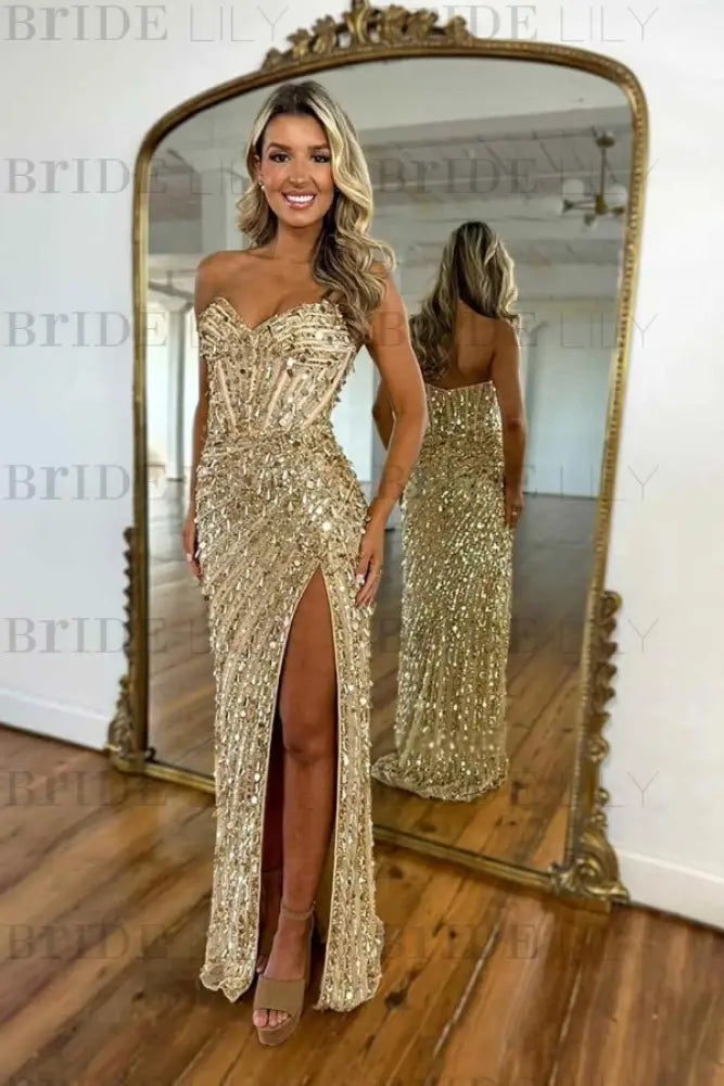 Sweetheart Sequins Prom Dress Long with Side Split Strapless Mermaid Party Dress