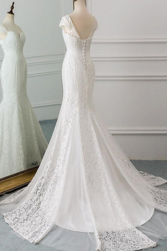 Sweetheart Short Sleeve Lace Mermaid Wedding Dress