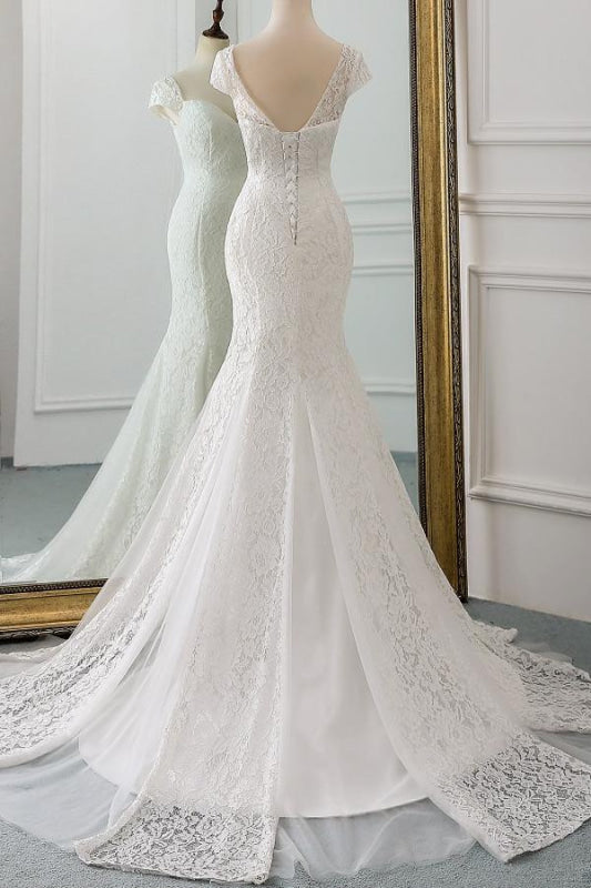 Sweetheart Short Sleeve Lace Mermaid Wedding Dress