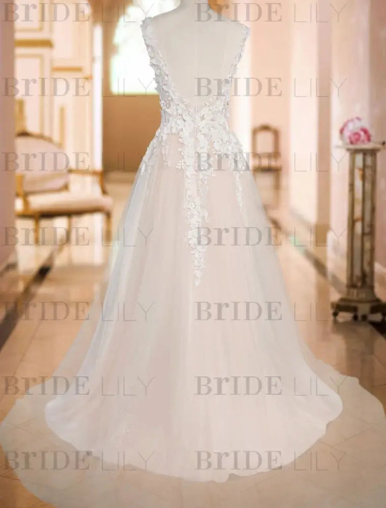 Tulle Deep V Neck A Line Sleeveless Multilayer Tulle Lace Applique Classic Bridal Gowns With Train