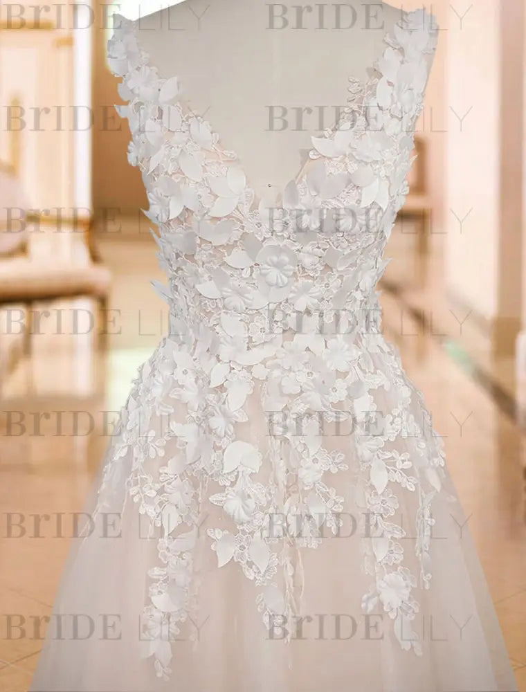 Tulle Deep V Neck A Line Sleeveless Multilayer Tulle Lace Applique Classic Bridal Gowns With Train