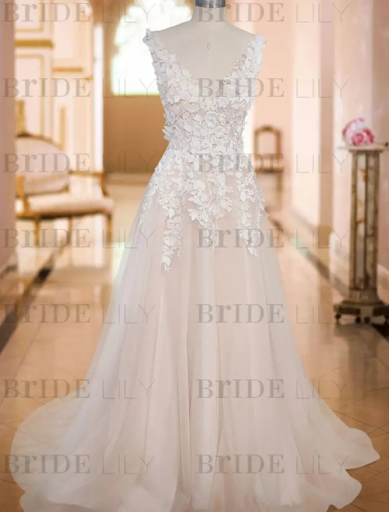 Tulle Deep V Neck A Line Sleeveless Multilayer Tulle Lace Applique Classic Bridal Gowns With Train