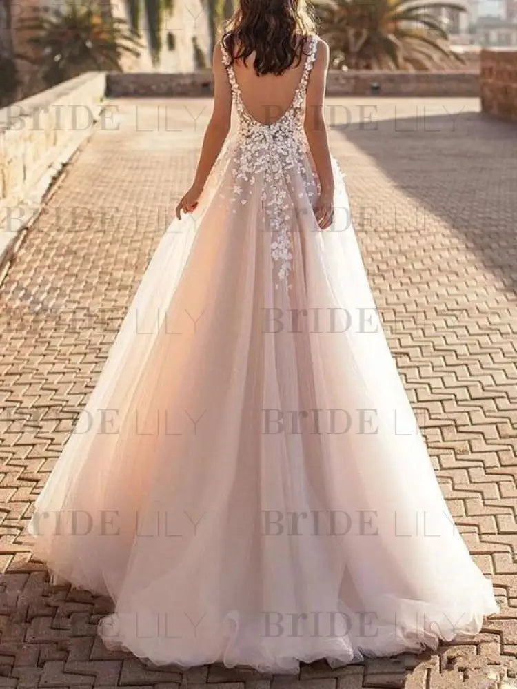 Tulle Deep V Neck A Line Sleeveless Multilayer Tulle Lace Applique Classic Bridal Gowns With Train