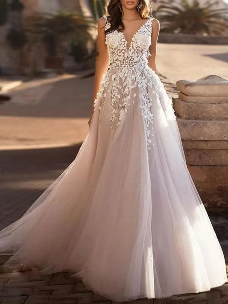 Tulle Deep V Neck A Line Sleeveless Multilayer Tulle Lace Applique Classic Bridal Gowns With Train