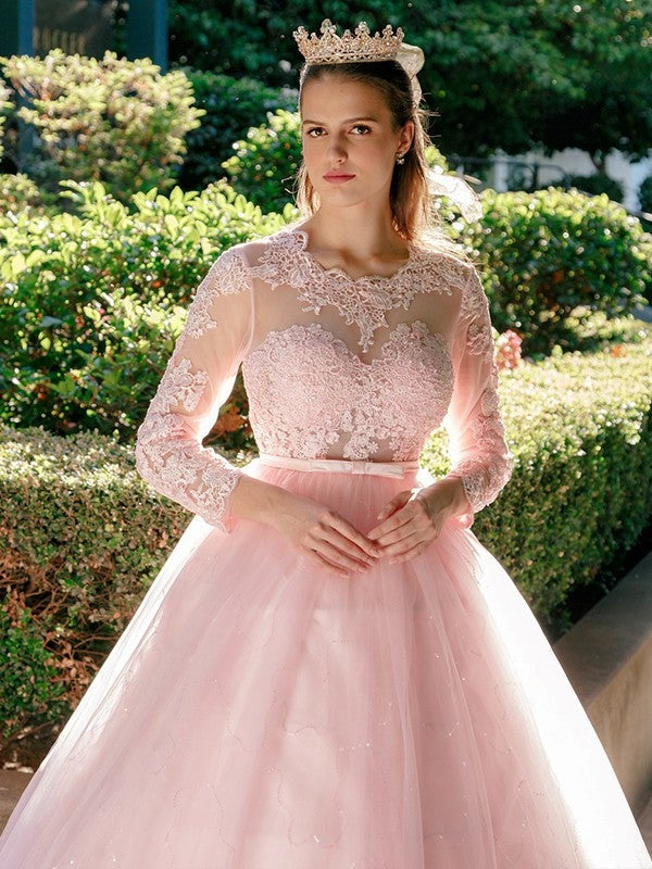 Tulle Lace Ball Gown Scoop Neck Long Sleeves Aline Wedding Dress
