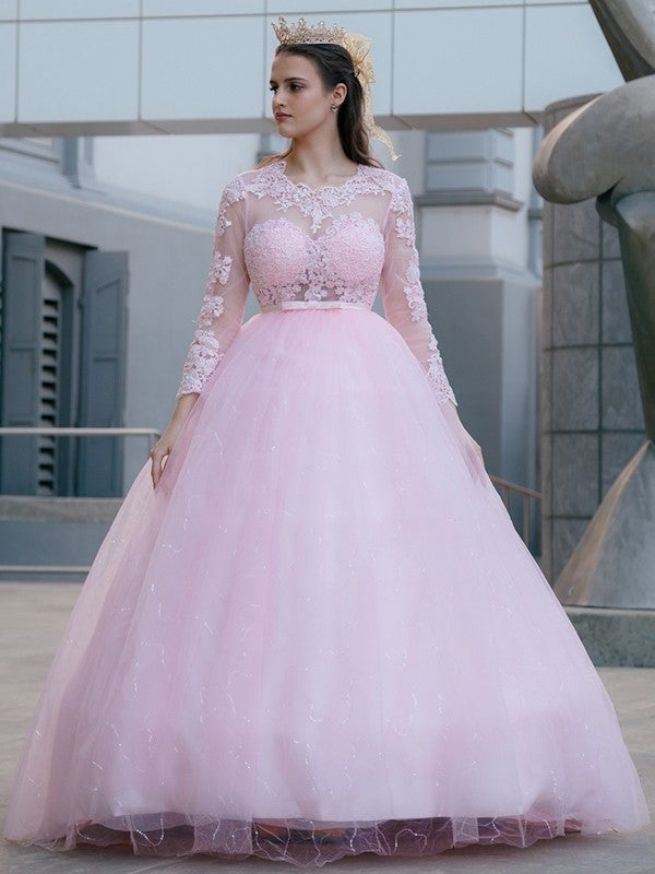 Tulle Lace Ball Gown Scoop Neck Long Sleeves Aline Wedding Dress